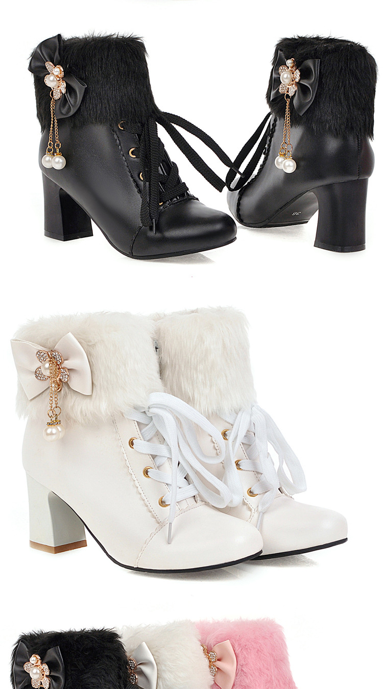 Women's Winter Faux Fur Ankle Boots with Bow, Chunky Heel Round Toe PU Booties