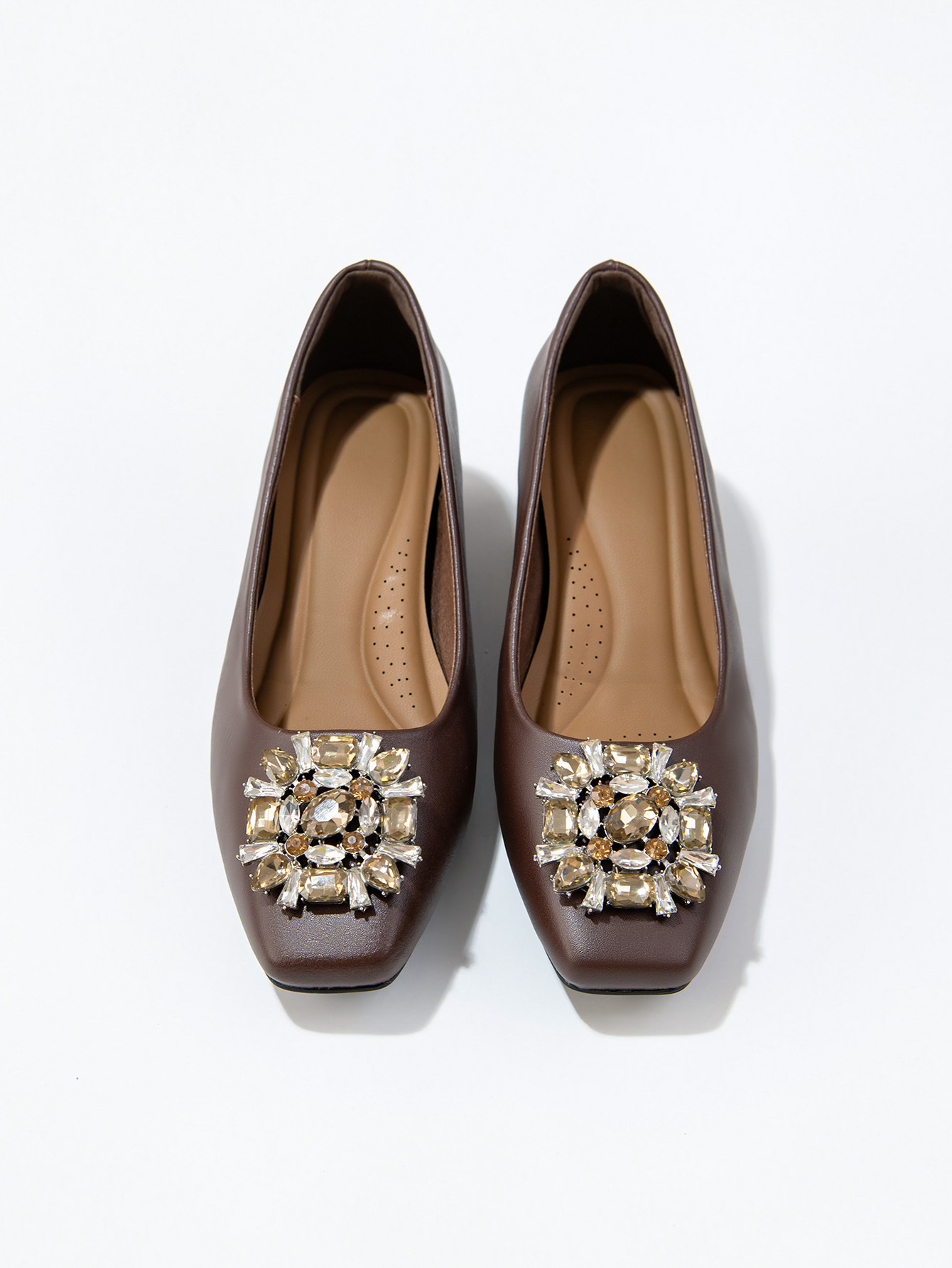 Women's French Square Toe Rhinestone Chunky Heel Pumps, Soft Sole PU Leather Dress Shoes