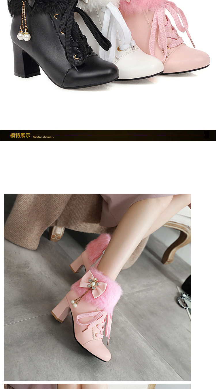 Women's Winter Faux Fur Ankle Boots with Bow, Chunky Heel Round Toe PU Booties