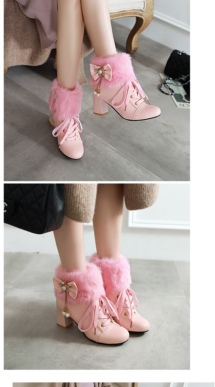 Women's Winter Faux Fur Ankle Boots with Bow, Chunky Heel Round Toe PU Booties