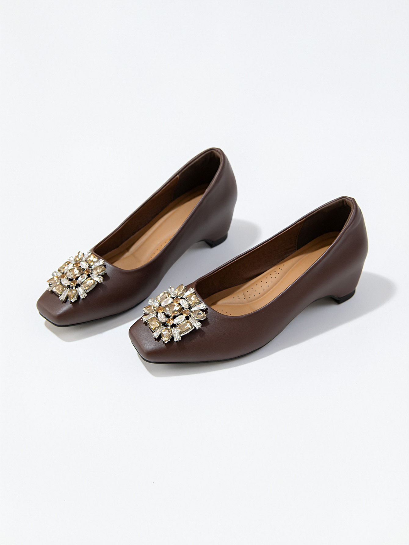 Women's French Square Toe Rhinestone Chunky Heel Pumps, Soft Sole PU Leather Dress Shoes