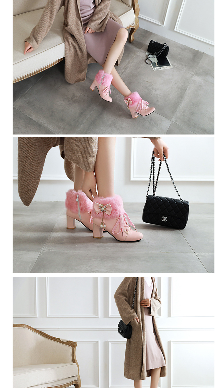 Women's Winter Faux Fur Ankle Boots with Bow, Chunky Heel Round Toe PU Booties
