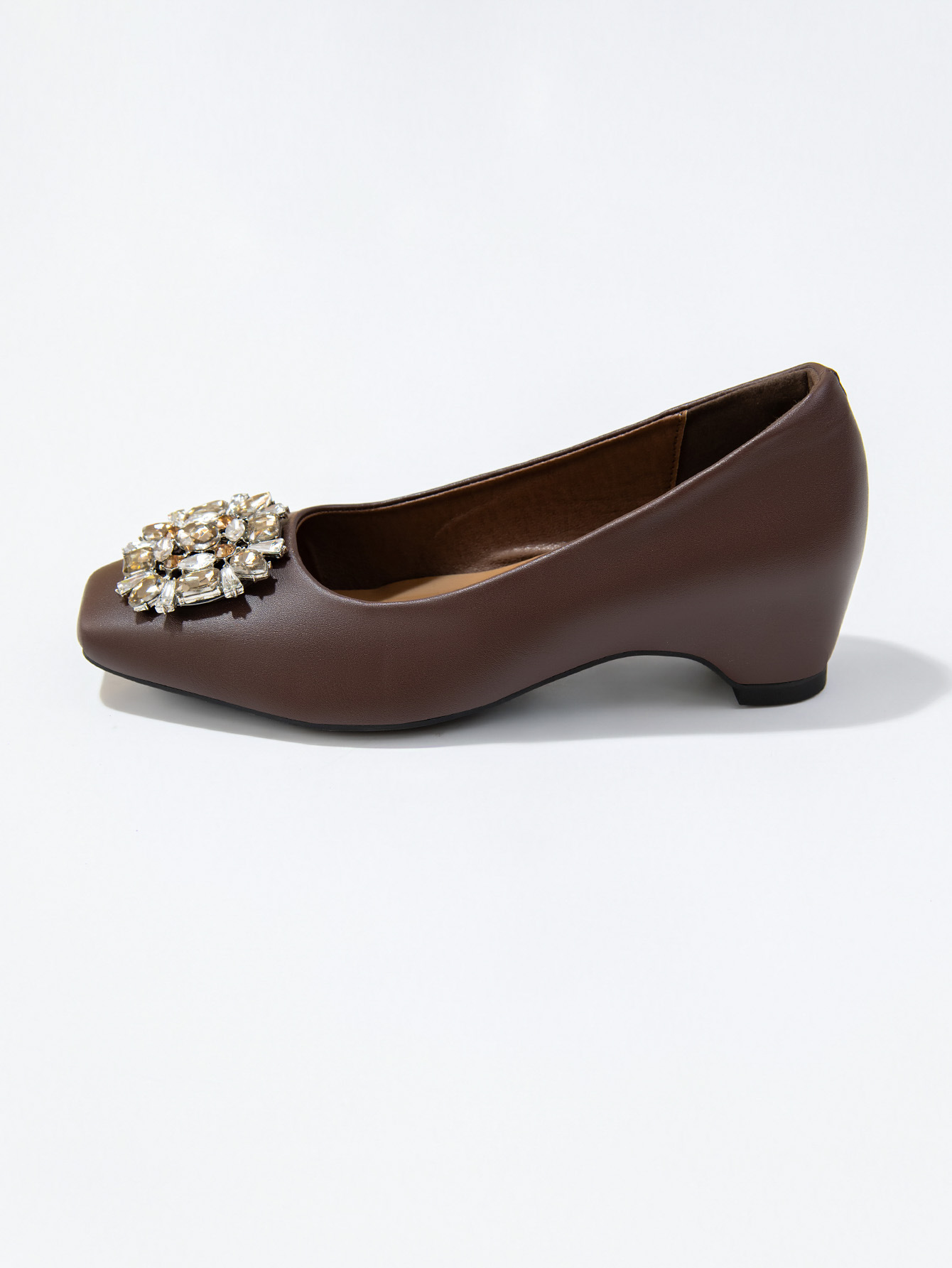 Women's French Square Toe Rhinestone Chunky Heel Pumps, Soft Sole PU Leather Dress Shoes