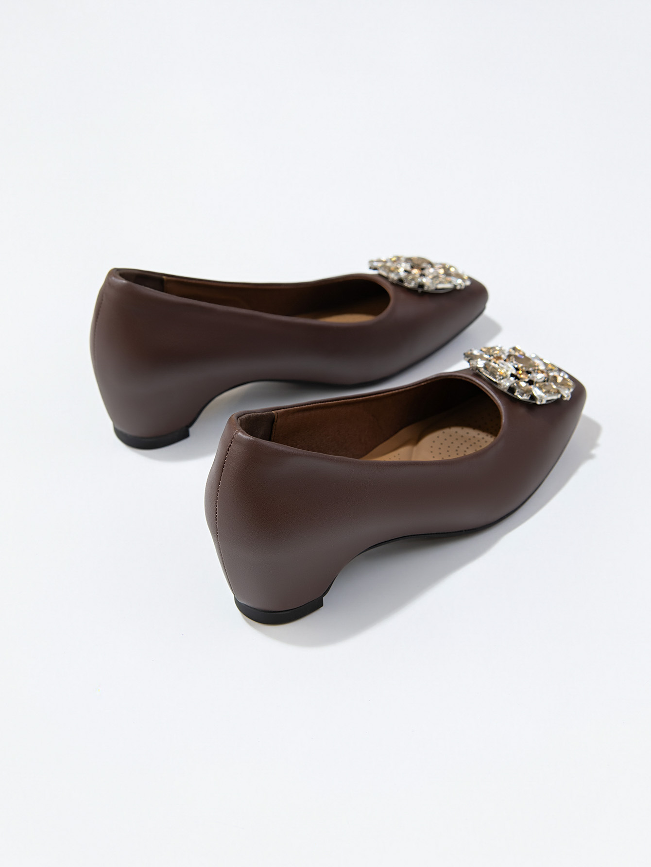 Women's French Square Toe Rhinestone Chunky Heel Pumps, Soft Sole PU Leather Dress Shoes