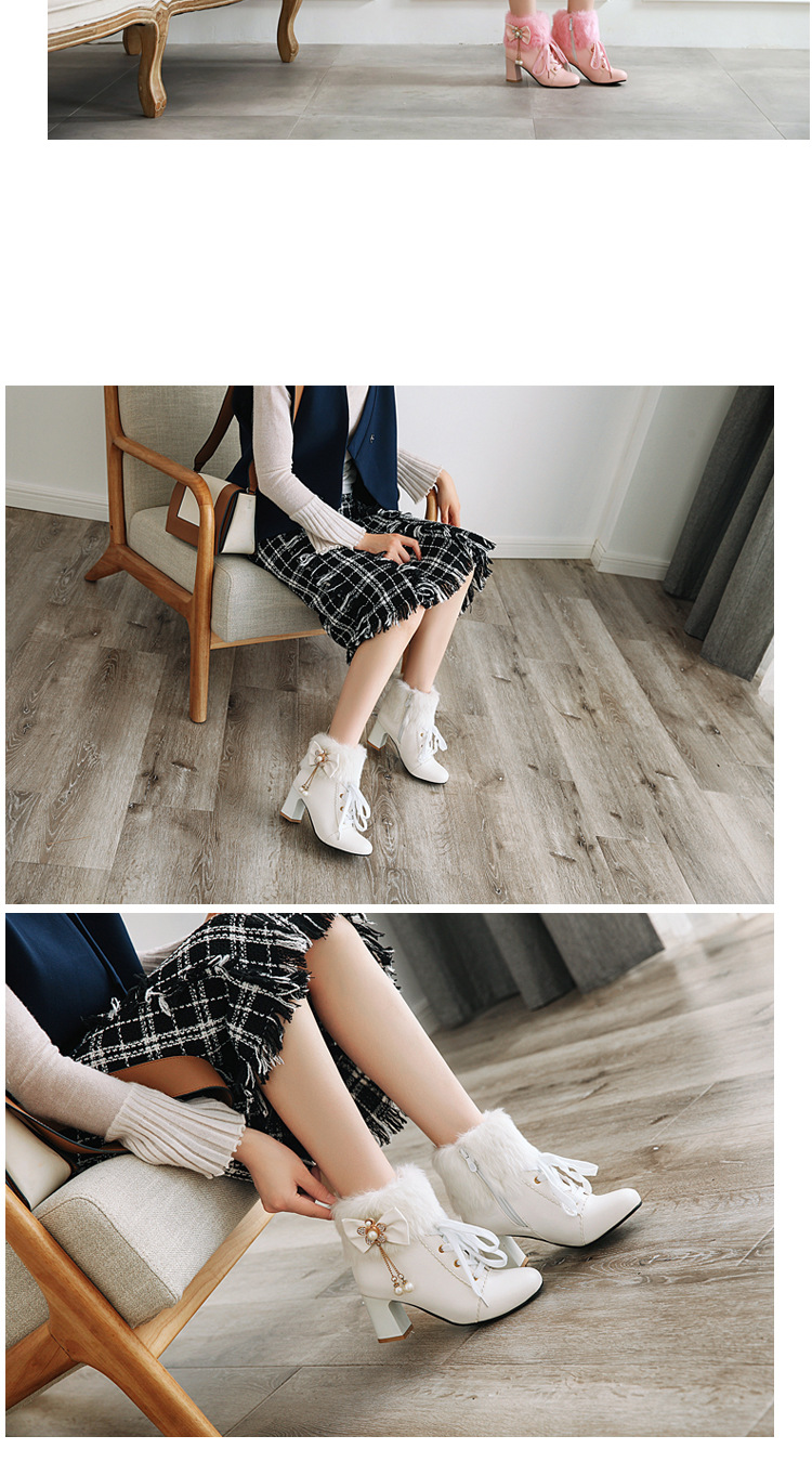 Women's Winter Faux Fur Ankle Boots with Bow, Chunky Heel Round Toe PU Booties