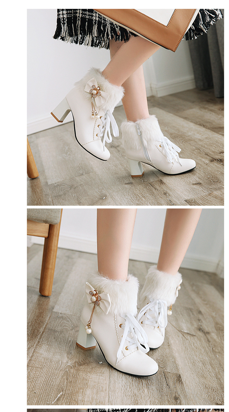 Women's Winter Faux Fur Ankle Boots with Bow, Chunky Heel Round Toe PU Booties