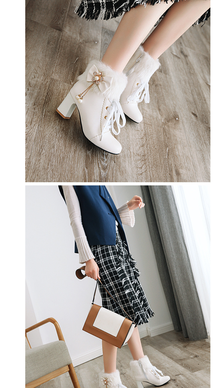 Women's Winter Faux Fur Ankle Boots with Bow, Chunky Heel Round Toe PU Booties