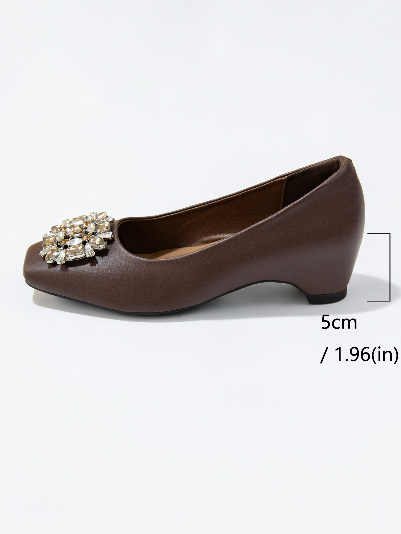 Women's French Square Toe Rhinestone Chunky Heel Pumps, Soft Sole PU Leather Dress Shoes