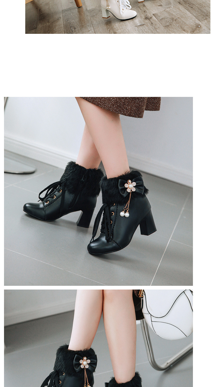 Women's Winter Faux Fur Ankle Boots with Bow, Chunky Heel Round Toe PU Booties