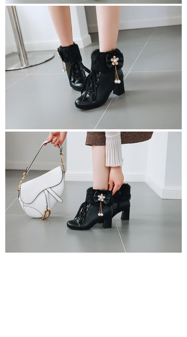 Women's Winter Faux Fur Ankle Boots with Bow, Chunky Heel Round Toe PU Booties