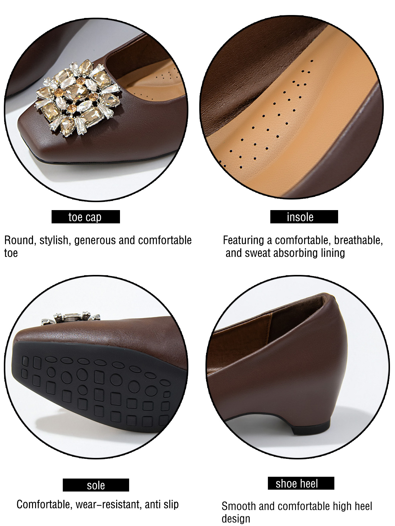 Women's French Square Toe Rhinestone Chunky Heel Pumps, Soft Sole PU Leather Dress Shoes