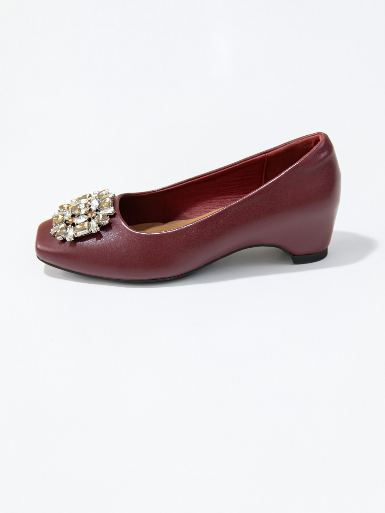 Women's French Square Toe Rhinestone Chunky Heel Pumps, Soft Sole PU Leather Dress Shoes