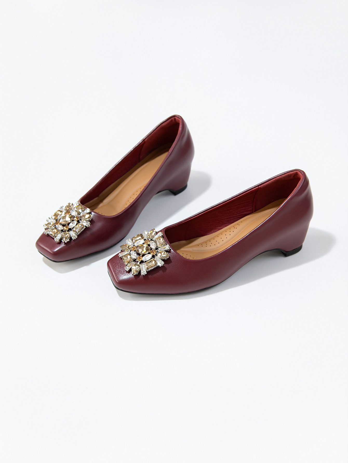 Women's French Square Toe Rhinestone Chunky Heel Pumps, Soft Sole PU Leather Dress Shoes
