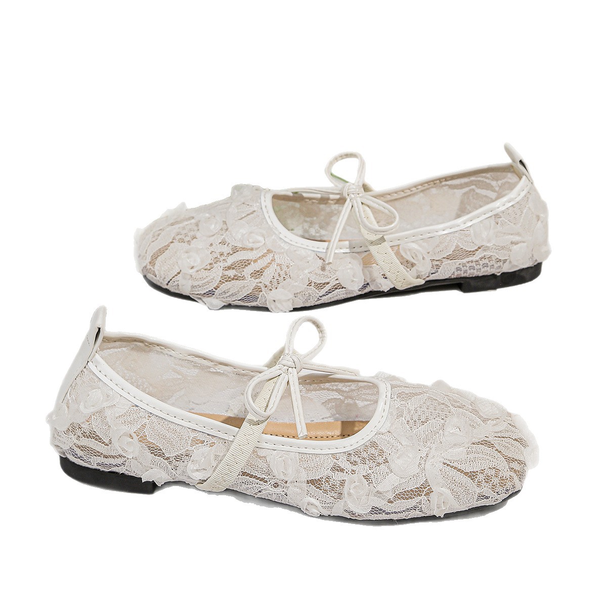 Women Lolita Mary Jane Shoes with Bow Strap, Low Heel Square Toe Fabric Flats