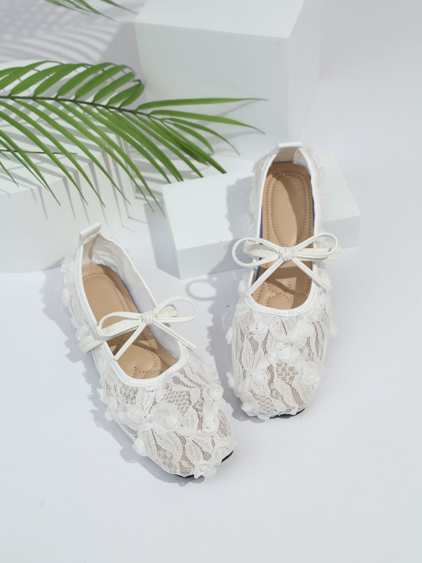 Women Lolita Mary Jane Shoes with Bow Strap, Low Heel Square Toe Fabric Flats