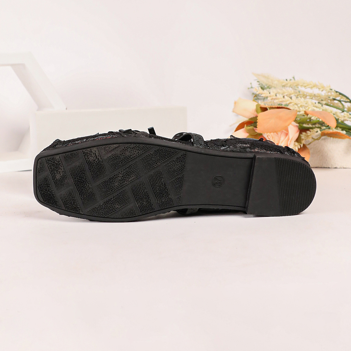 Women Lolita Mary Jane Shoes with Bow Strap, Low Heel Square Toe Fabric Flats