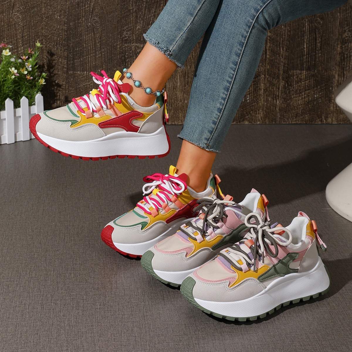 Women's Korean Style Chunky Sneakers, Breathable Flyknit Mesh Running Shoes with Height Increase, Lightweight Casual