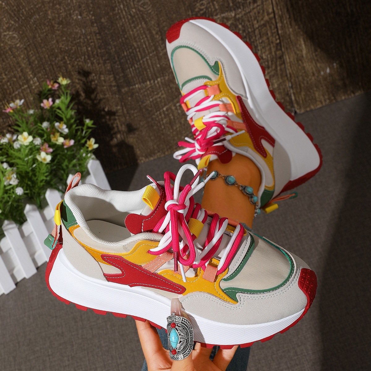 Women's Korean Style Chunky Sneakers, Breathable Flyknit Mesh Running Shoes with Height Increase, Lightweight Casual
