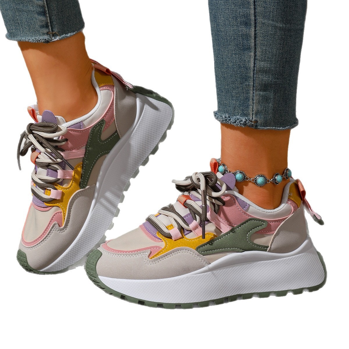 Women's Korean Style Chunky Sneakers, Breathable Flyknit Mesh Running Shoes with Height Increase, Lightweight Casual