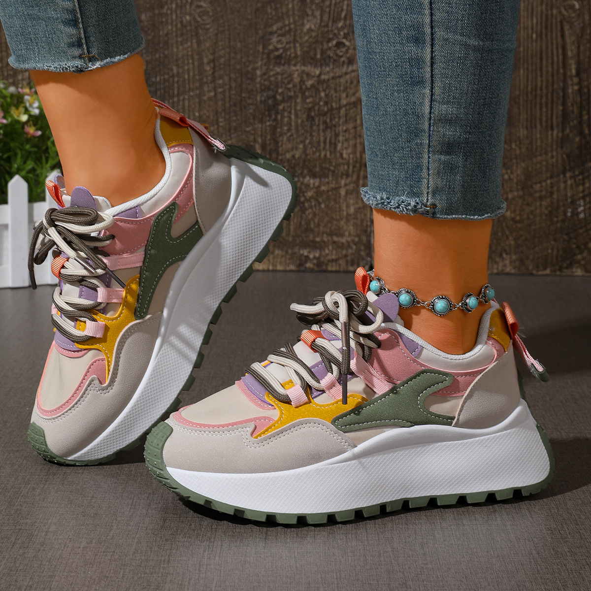 Women's Korean Style Chunky Sneakers, Breathable Flyknit Mesh Running Shoes with Height Increase, Lightweight Casual