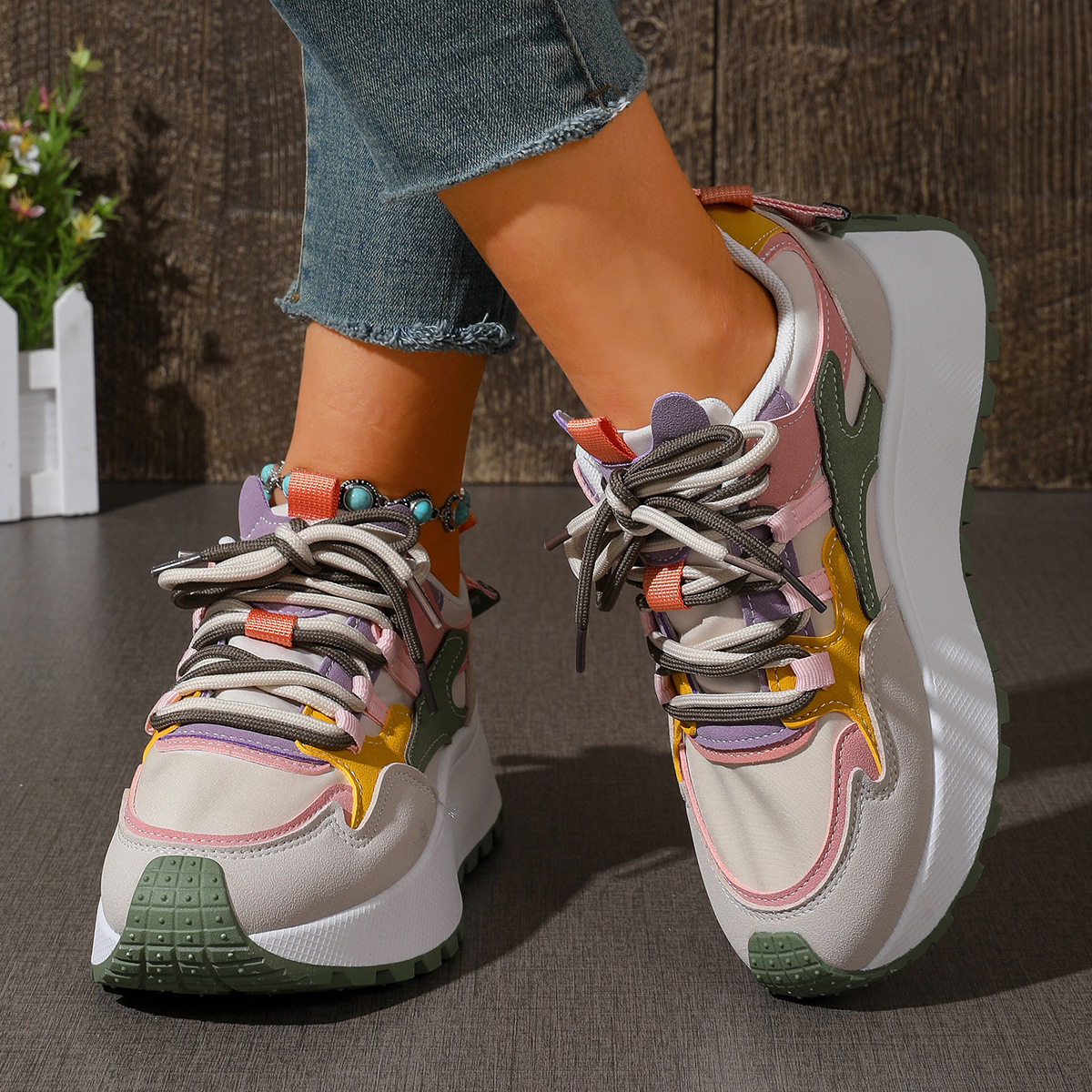 Women's Korean Style Chunky Sneakers, Breathable Flyknit Mesh Running Shoes with Height Increase, Lightweight Casual