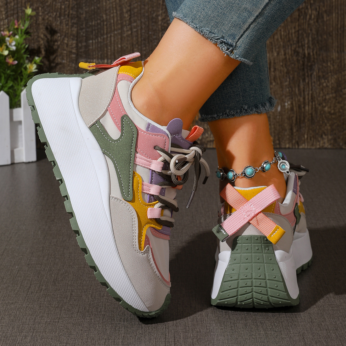 Women's Korean Style Chunky Sneakers, Breathable Flyknit Mesh Running Shoes with Height Increase, Lightweight Casual