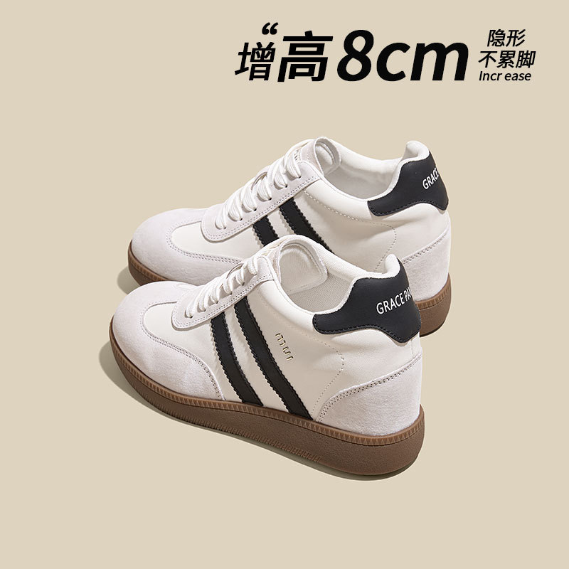 Women's German Trainer Style Sneakers with Hidden Heel, Round Toe Leather Casual Platform Shoes