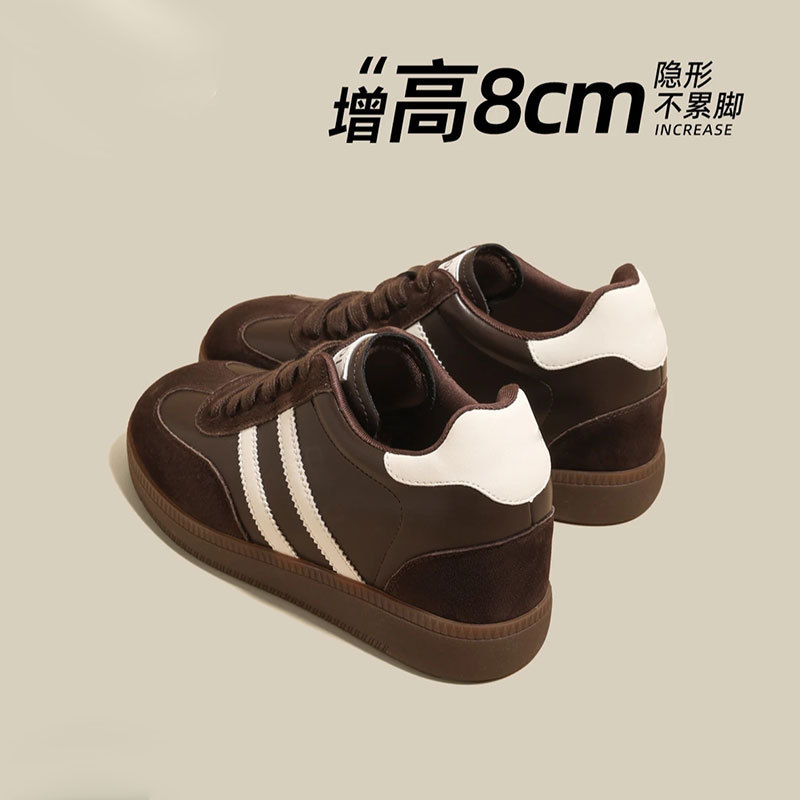 Women's German Trainer Style Sneakers with Hidden Heel, Round Toe Leather Casual Platform Shoes