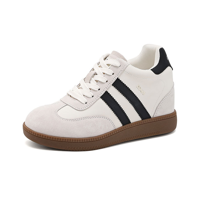 Women's German Trainer Style Sneakers with Hidden Heel, Round Toe Leather Casual Platform Shoes