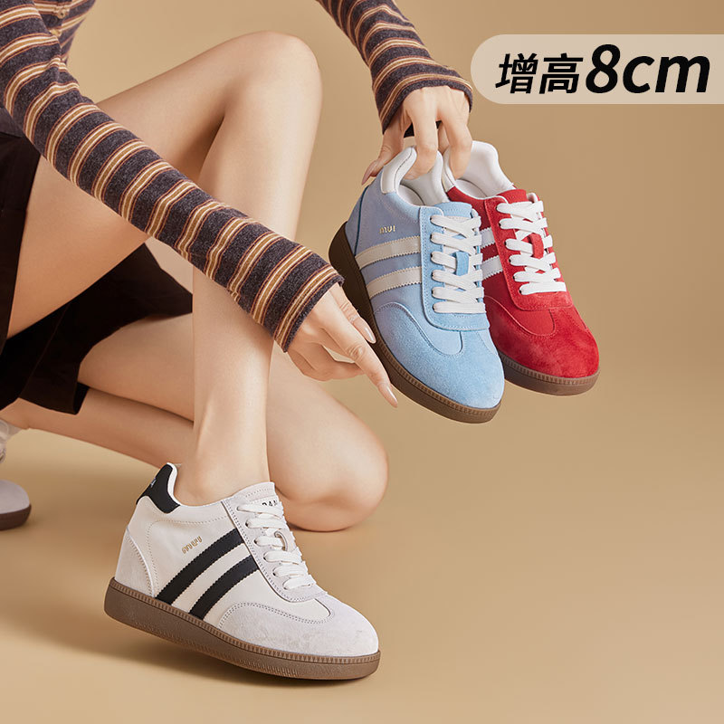 Women's German Trainer Style Sneakers with Hidden Heel, Round Toe Leather Casual Platform Shoes