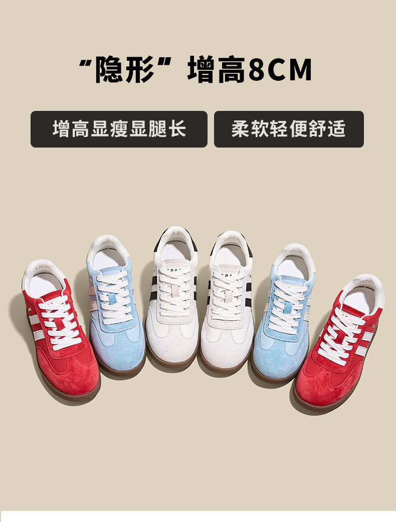 Women's German Trainer Style Sneakers with Hidden Heel, Round Toe Leather Casual Platform Shoes