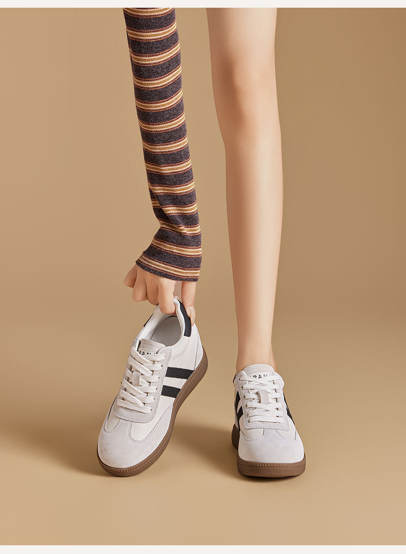 Women's German Trainer Style Sneakers with Hidden Heel, Round Toe Leather Casual Platform Shoes