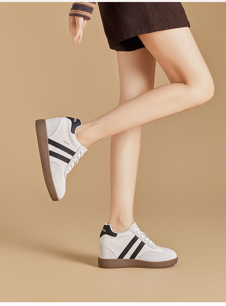 Women's German Trainer Style Sneakers with Hidden Heel, Round Toe Leather Casual Platform Shoes