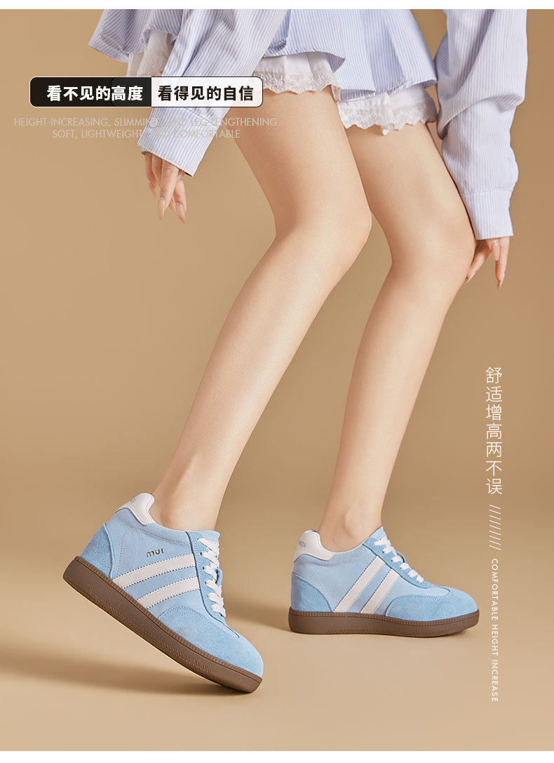 Women's German Trainer Style Sneakers with Hidden Heel, Round Toe Leather Casual Platform Shoes
