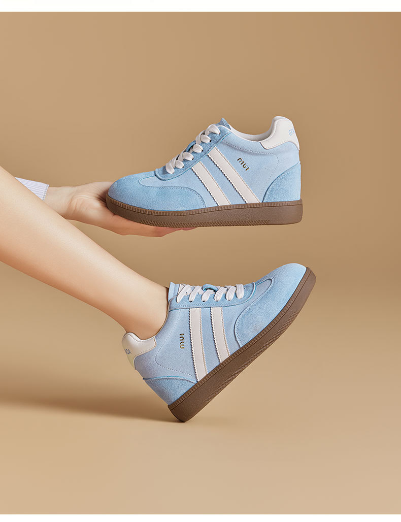 Women's German Trainer Style Sneakers with Hidden Heel, Round Toe Leather Casual Platform Shoes