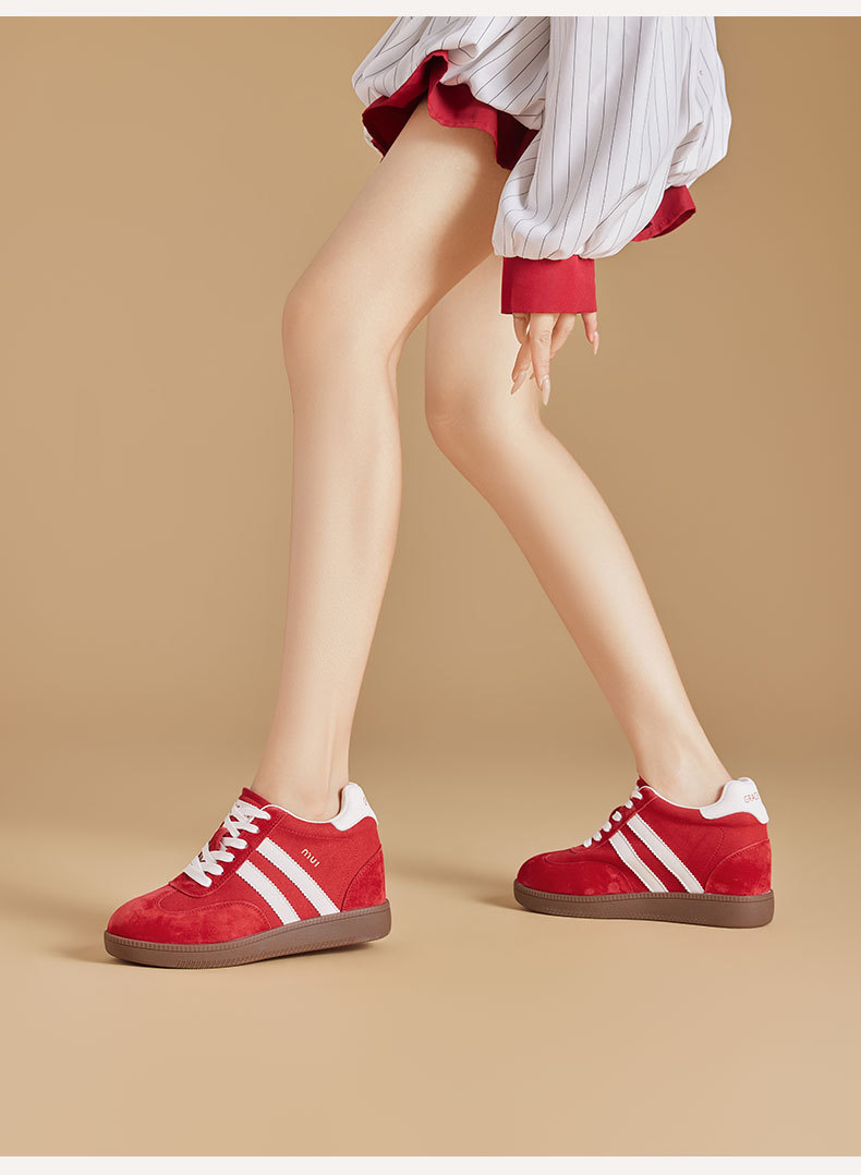 Women's German Trainer Style Sneakers with Hidden Heel, Round Toe Leather Casual Platform Shoes