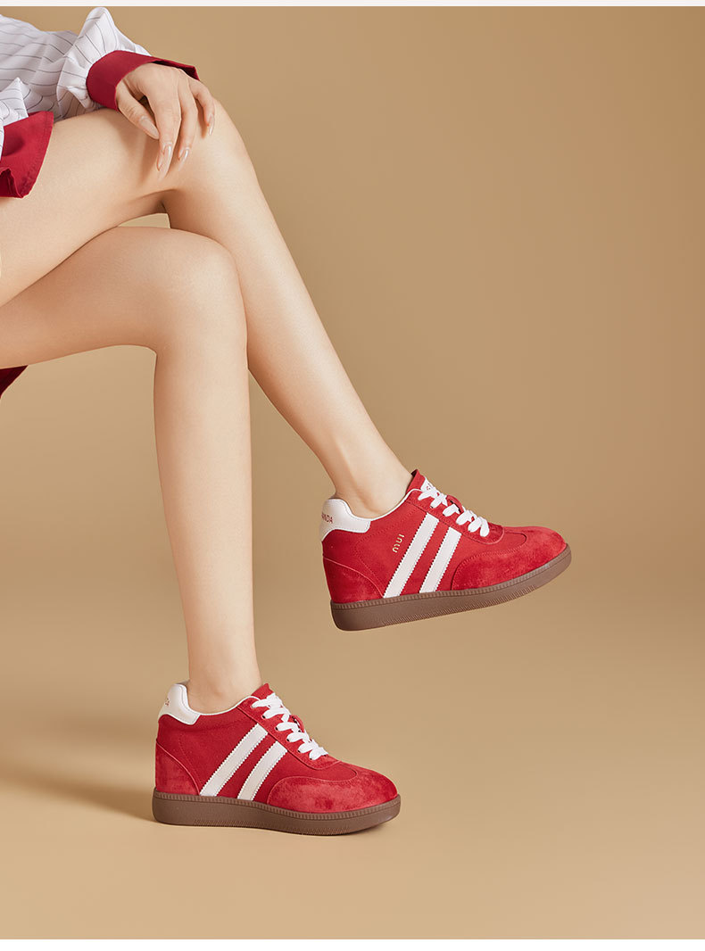 Women's German Trainer Style Sneakers with Hidden Heel, Round Toe Leather Casual Platform Shoes