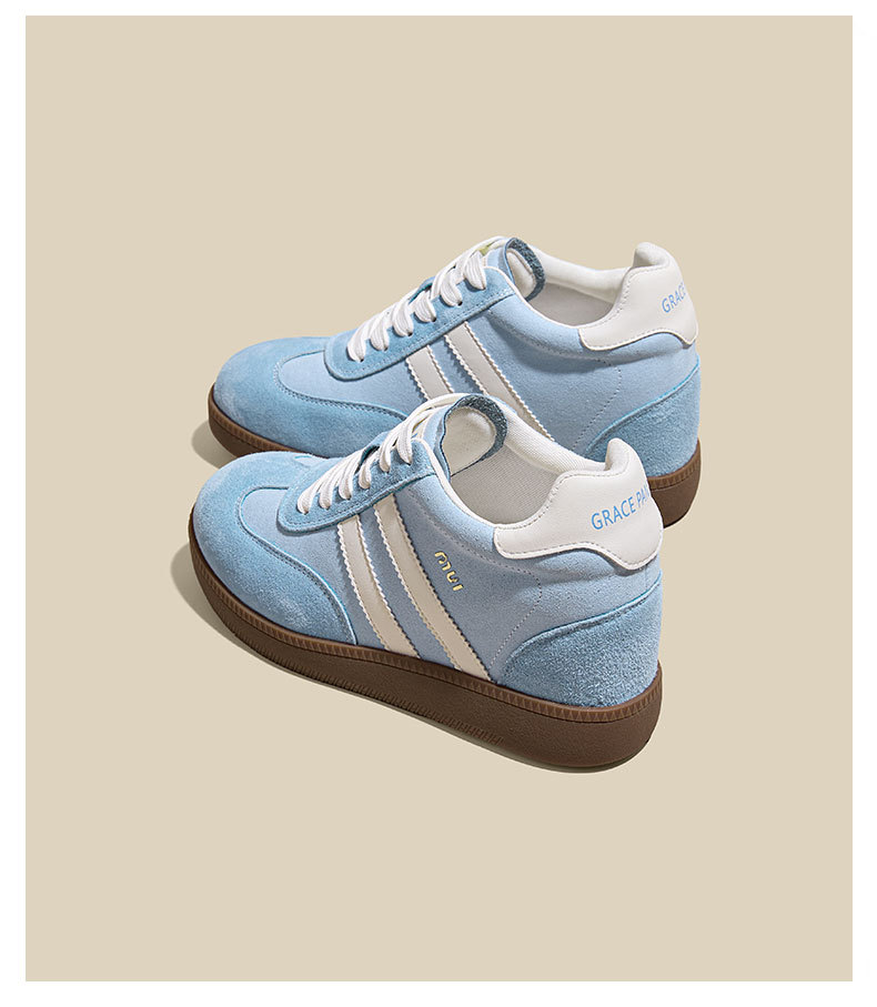 Women's German Trainer Style Sneakers with Hidden Heel, Round Toe Leather Casual Platform Shoes