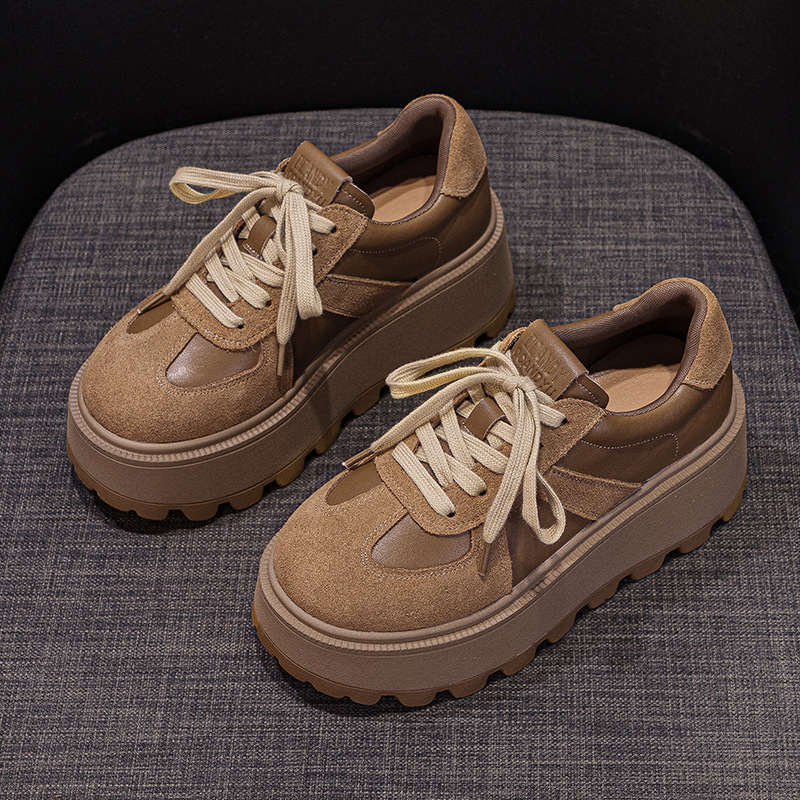 Women's Fleece Lined Retro German Trainer Shoes Platform Chunky Sneakers with Hidden Heel