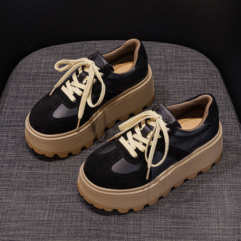 Women's Fleece Lined Retro German Trainer Shoes Platform Chunky Sneakers with Hidden Heel