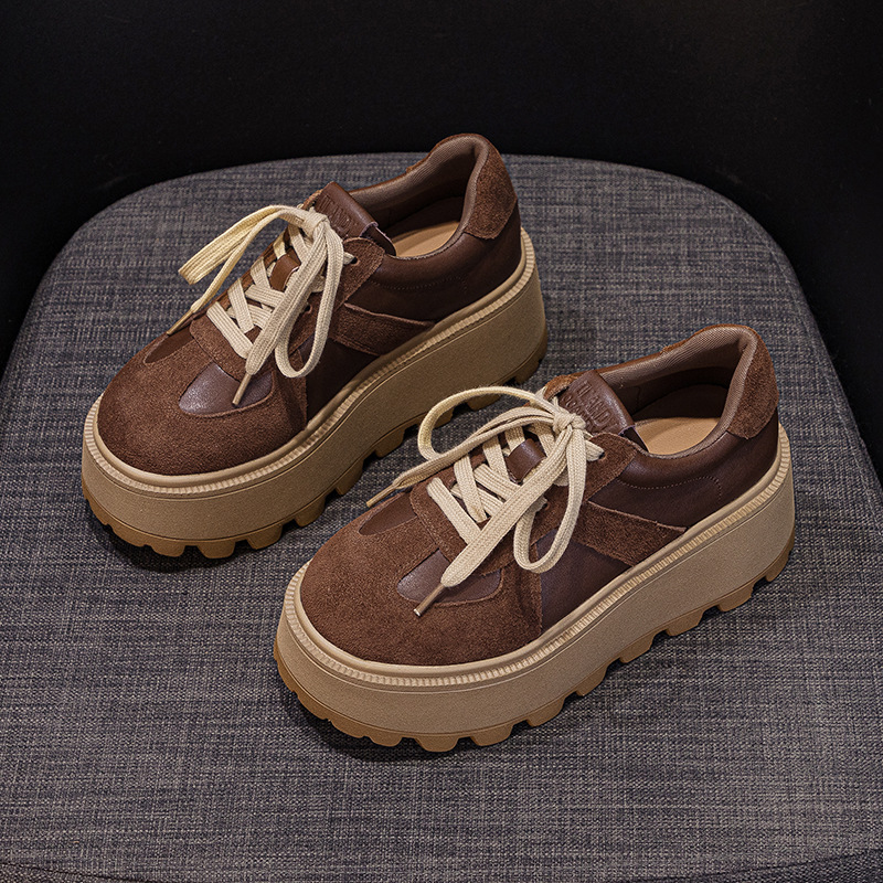 Women's Fleece Lined Retro German Trainer Shoes Platform Chunky Sneakers with Hidden Heel