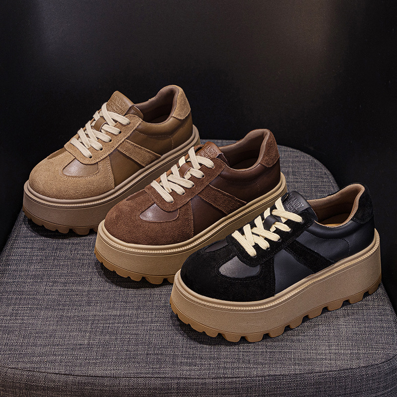 Women's Fleece Lined Retro German Trainer Shoes Platform Chunky Sneakers with Hidden Heel