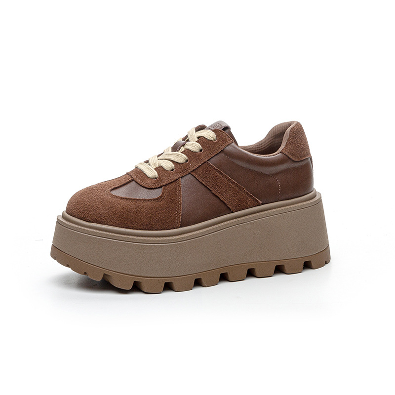 Women's Fleece Lined Retro German Trainer Shoes Platform Chunky Sneakers with Hidden Heel
