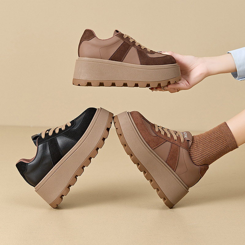 Women's Fleece Lined Retro German Trainer Shoes Platform Chunky Sneakers with Hidden Heel