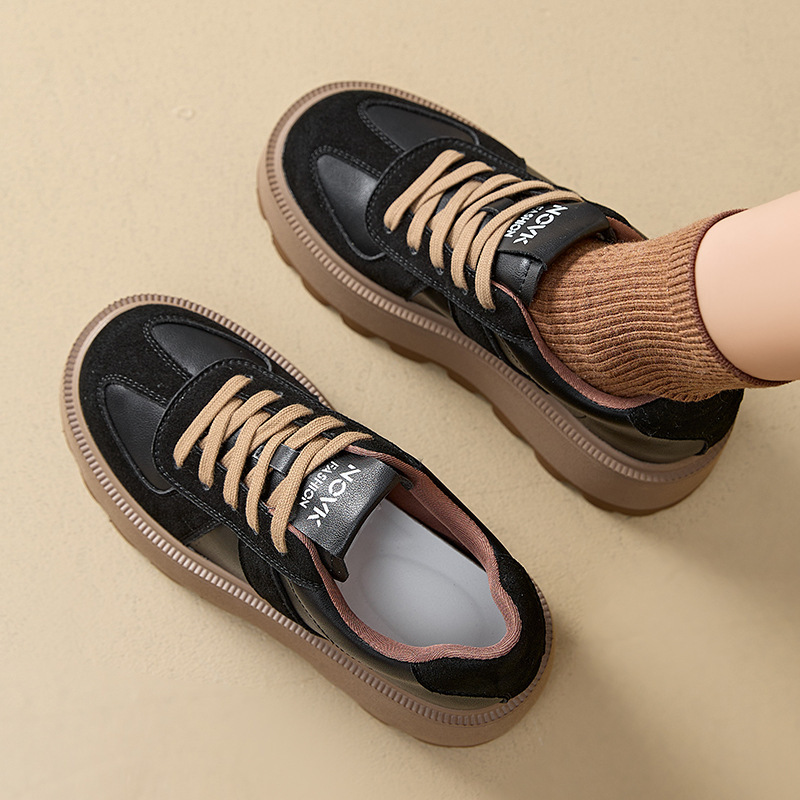 Women's Fleece Lined Retro German Trainer Shoes Platform Chunky Sneakers with Hidden Heel