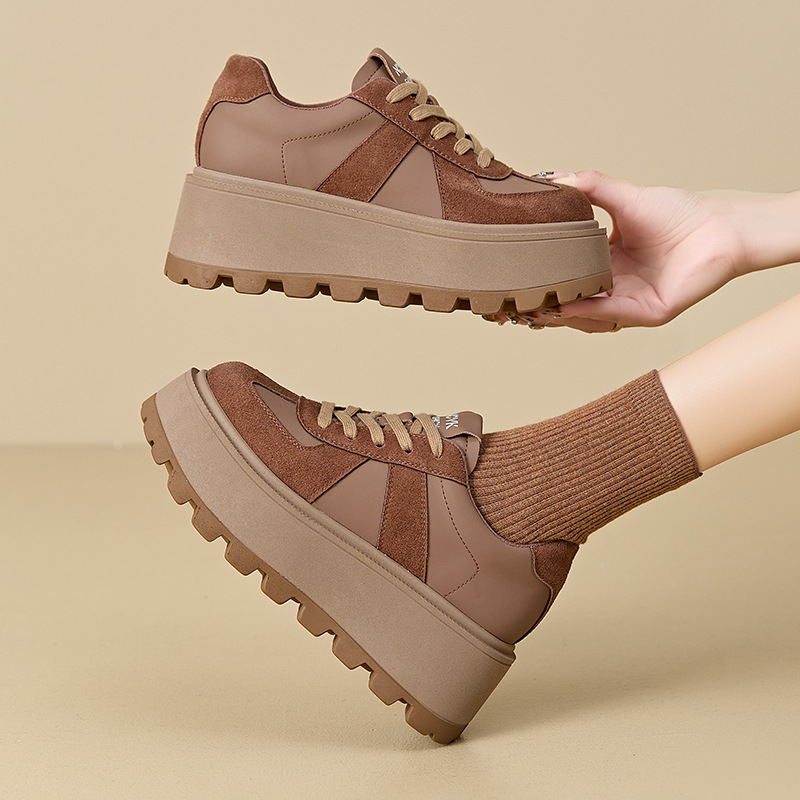 Women's Fleece Lined Retro German Trainer Shoes Platform Chunky Sneakers with Hidden Heel