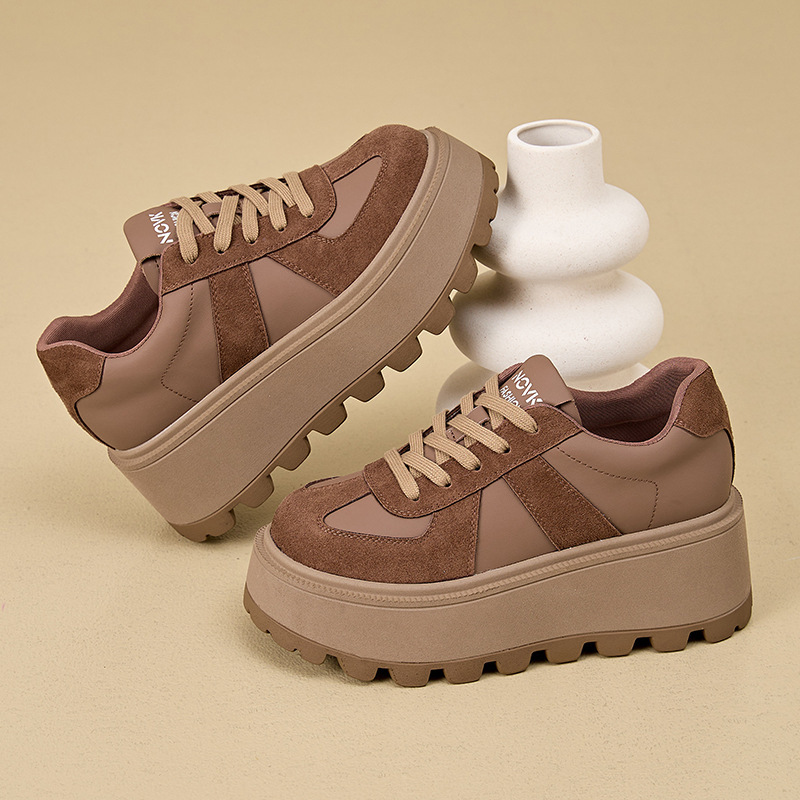 Women's Fleece Lined Retro German Trainer Shoes Platform Chunky Sneakers with Hidden Heel