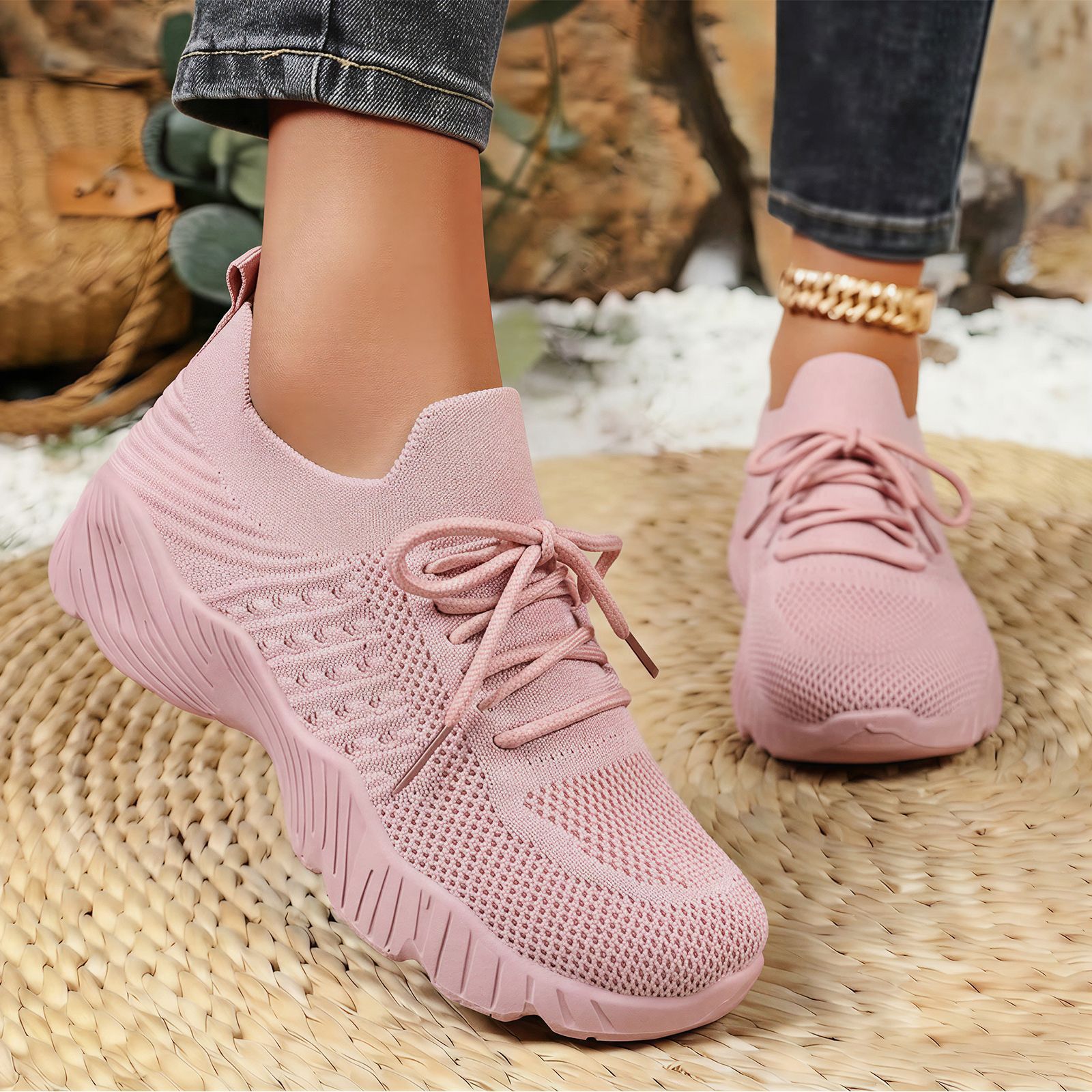 Women's Flyknit Platform Sneakers, Solid Color Lace-Up Casual Shoes with Height Increase