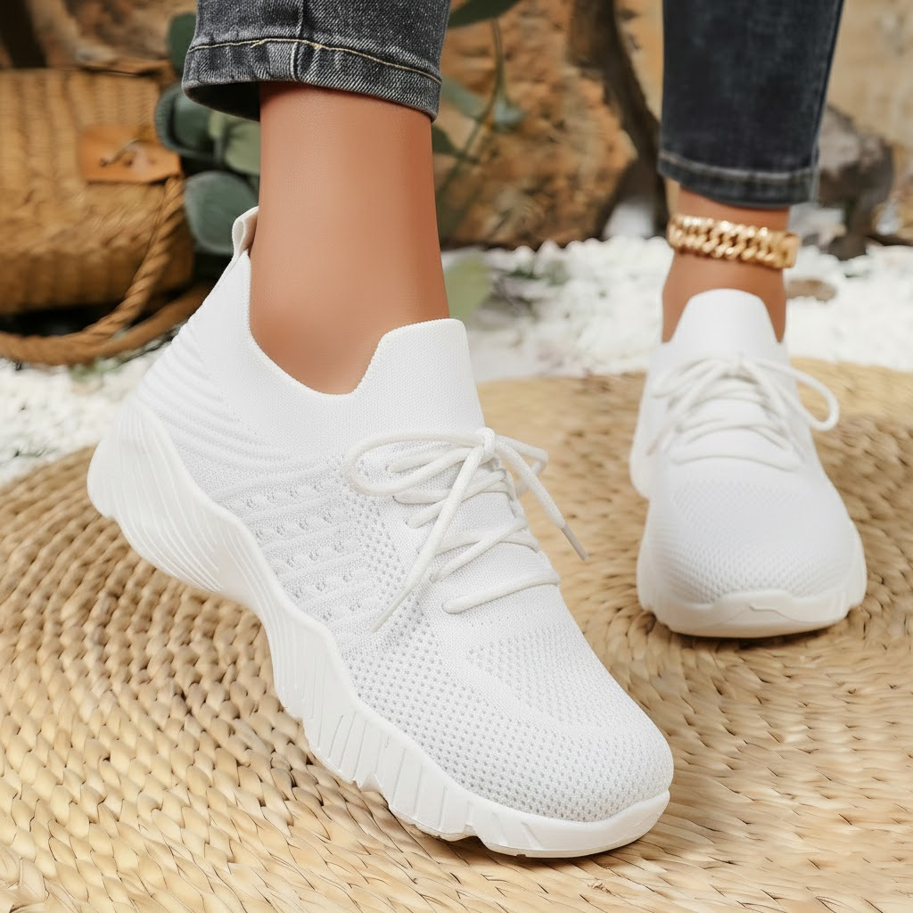 Women's Flyknit Platform Sneakers, Solid Color Lace-Up Casual Shoes with Height Increase