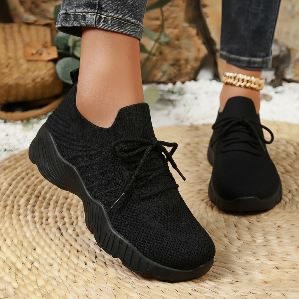 Women's Flyknit Platform Sneakers, Solid Color Lace-Up Casual Shoes with Height Increase